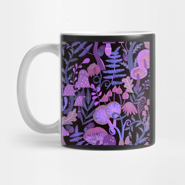 Woodland mushrooms toadstools purple pink black by Kimmygowland